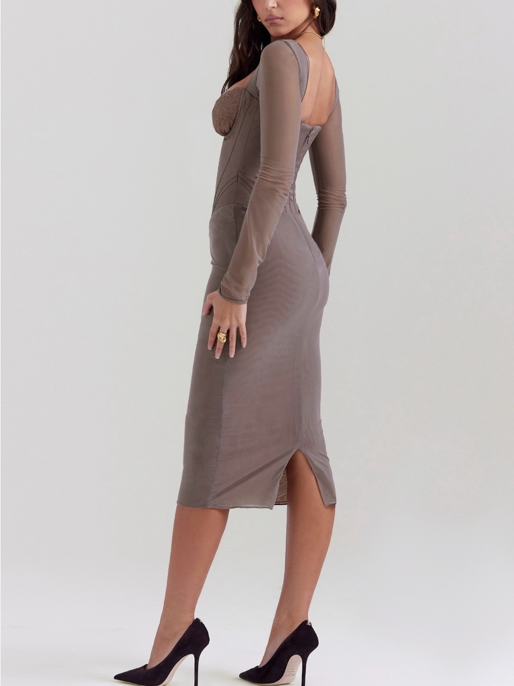 House of CB Safran Corset Midi Dress L Mocha Romantic Glamour - Picture 4 of 15